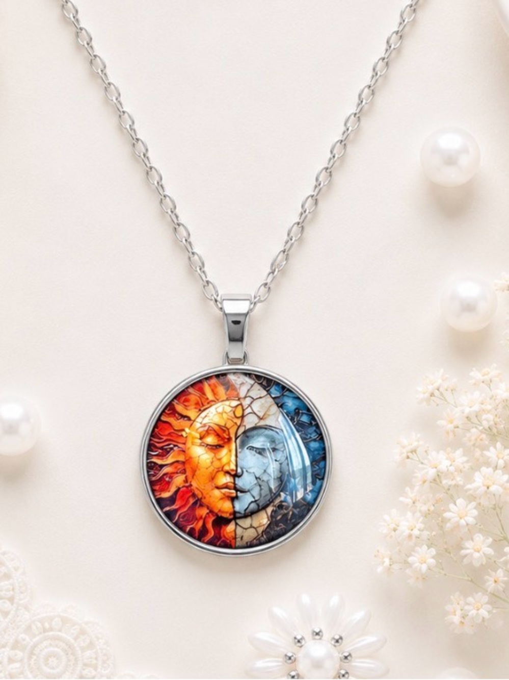 New- Sun & Moon Art Pendant Necklace - Silver Tone Chain - Orange Brown